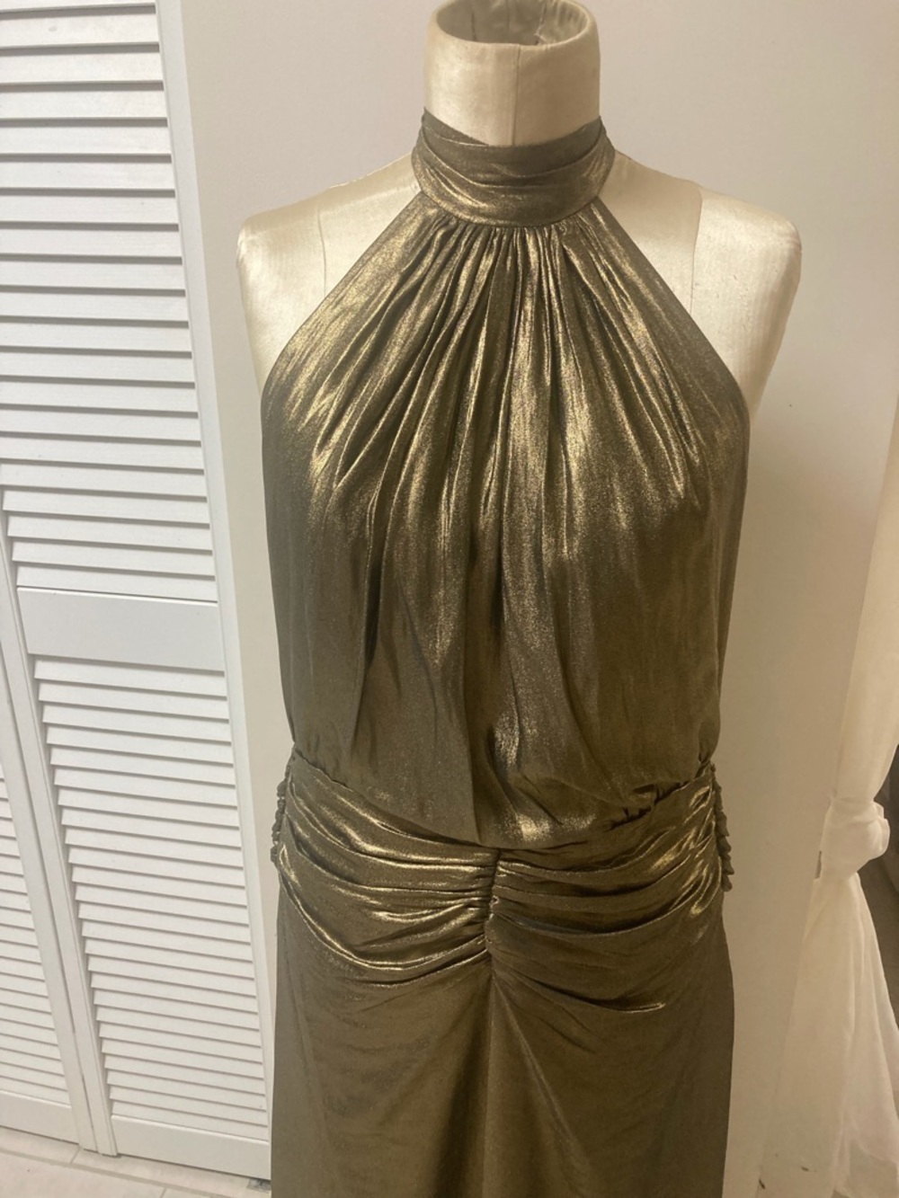 Halston Metallic Gold Halter Evening Gown Dress
